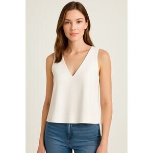 N/Nicholas White V-Neck Ponte Cropped Tank Top Blouse 6 Quiet Luxury Clean Layer